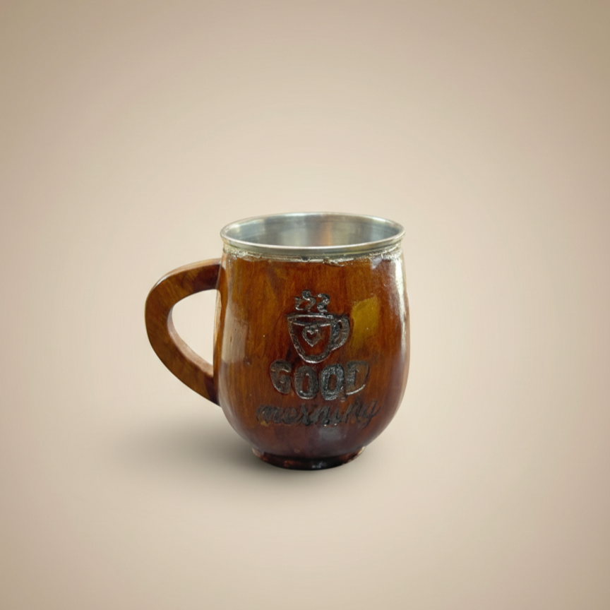 Wooden Tea & Coffee Cup/Mug (Good Morning/ Inner Steel)