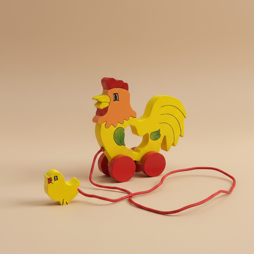Wooden Hen & Chick Pull Along Toy – Mother & Baby Rope Toy for Kids