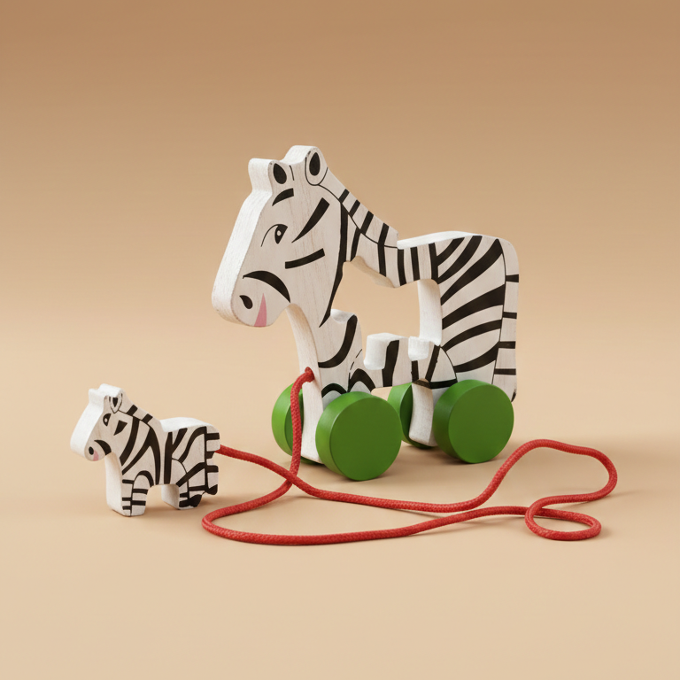 Wooden Zebra & Baby Pull Along Toy – Safari-Themed Rolling Toy for Toddlers