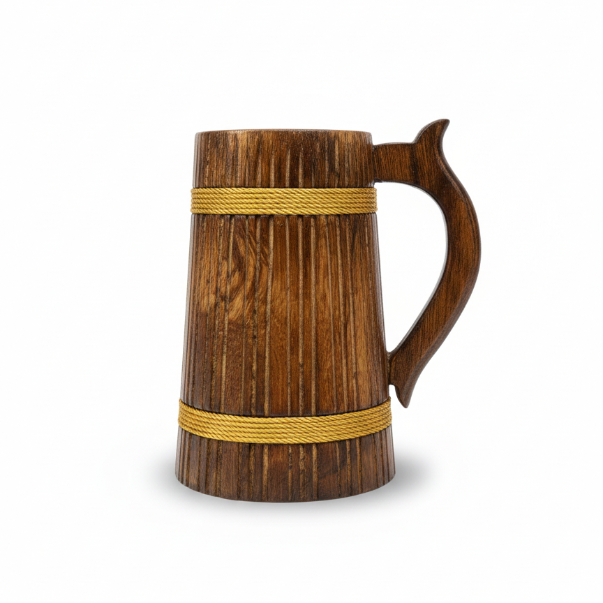 Premium Wooden Beer Mug / Wooden Drinking Mug with Handle – Rustic Handcrafted Wooden Cup (7 Inch)