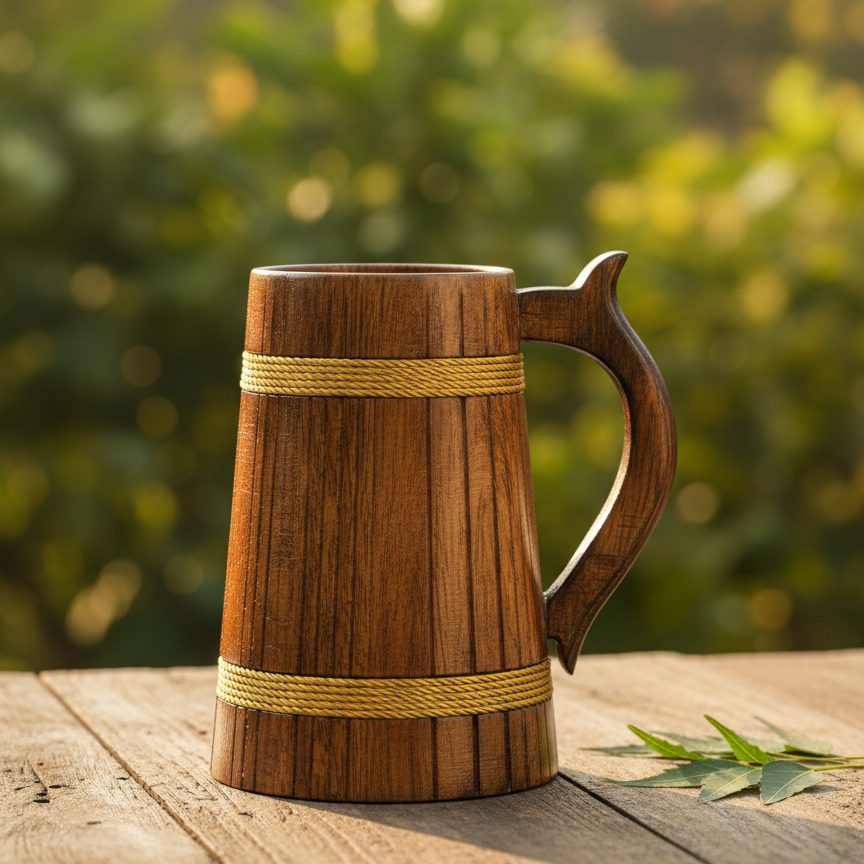 Premium Wooden Beer Mug / Wooden Drinking Mug with Handle – Rustic Handcrafted Wooden Cup (7 Inch)