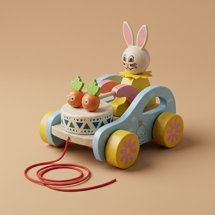 Wooden Bunny Drummer Pull Along Toy – Rolling Musical Toddler Toy