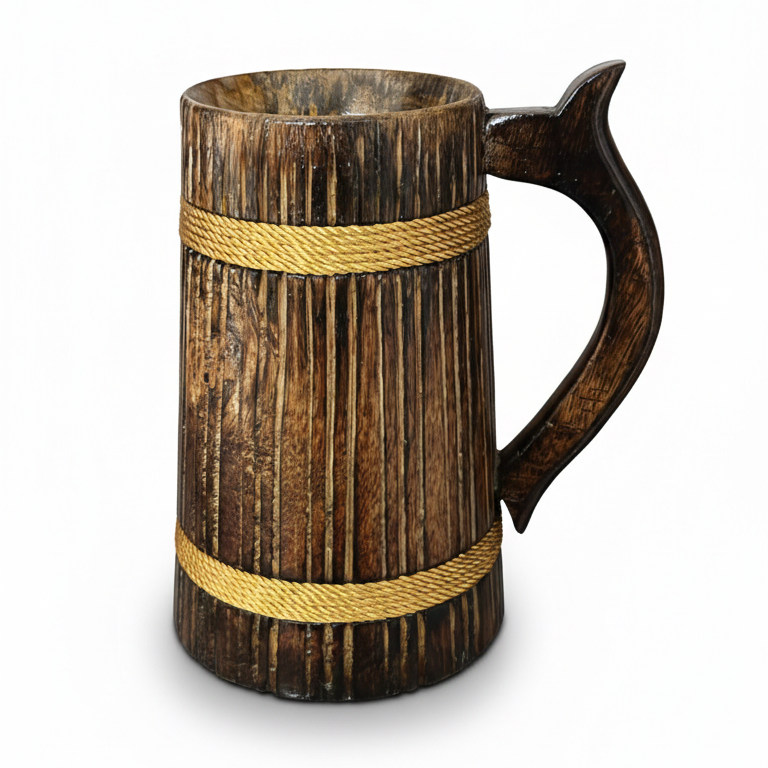Premium Wooden Beer Mug / Wooden Drinking Mug with Handle – Rustic Handcrafted Wooden Cup (7 Inch)