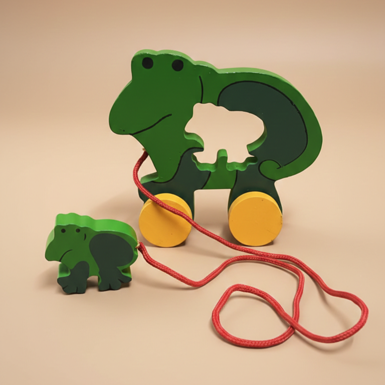 Wooden Hippo & Baby Pull Along Toy – Safari Rolling Toddler Toy with Rope
