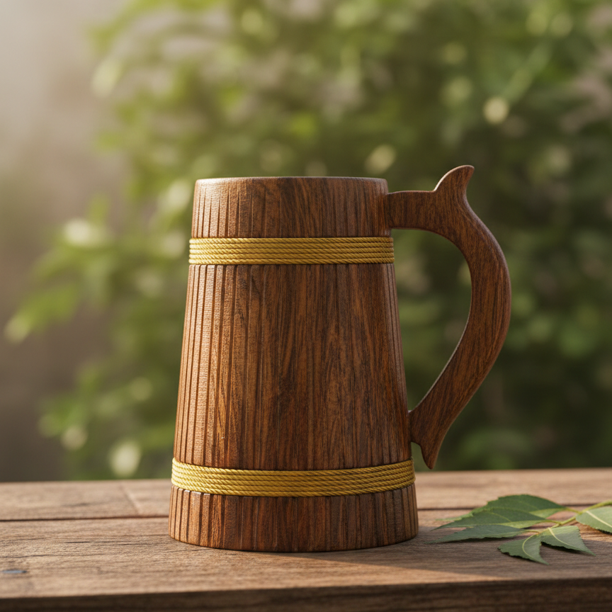 Premium Wooden Beer Mug / Wooden Drinking Mug with Handle – Rustic Handcrafted Wooden Cup (7 Inch)