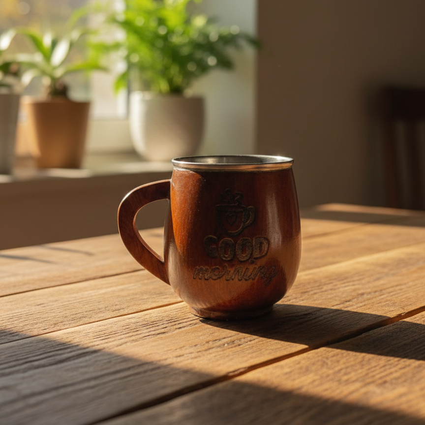 Wooden Tea & Coffee Cup/Mug (Good Morning/ Inner Steel)