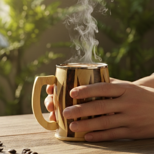 Handcrafted Wooden Coffee Mug with Stainless Steel Inner | 18 cm Height | Premium Geometric Design | Eco-Friendly Tea & Coffee Mug