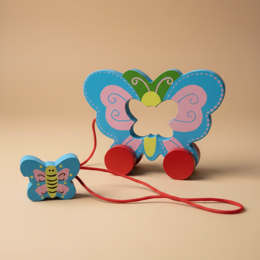 Wooden Butterfly Pull Along Toy with Baby – Colorful Rolling Toddler Toy