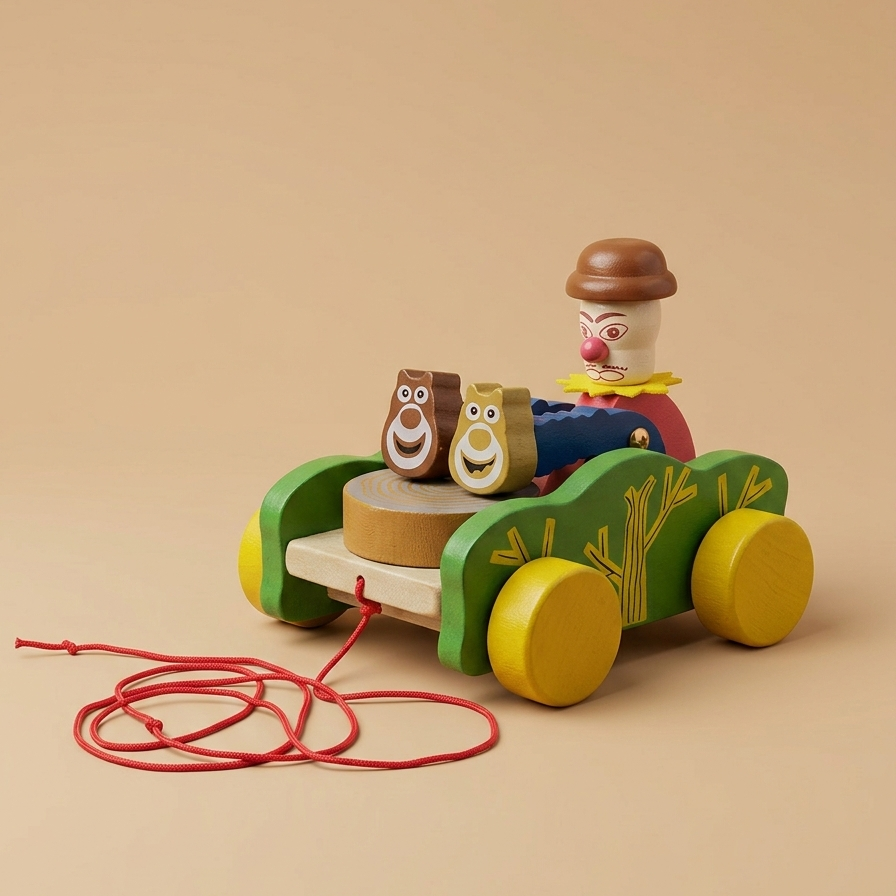 Wooden Clown Drummer Pull Along Toy – Musical Rolling Toddler Toy