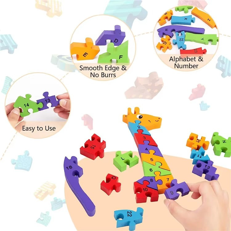 Wooden Giraffe Alphabet & Number Learning Puzzle Toy for Kids (Double-Sided Educational Puzzle)