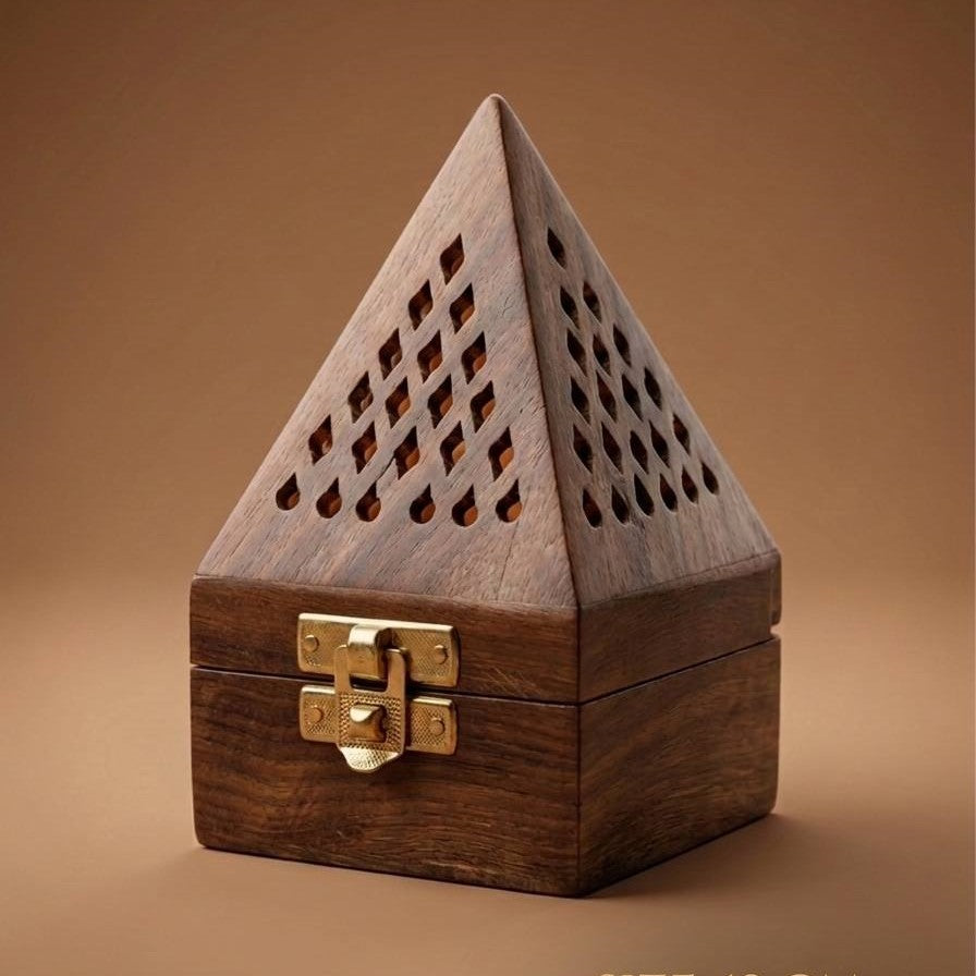 Handcrafted Wooden Incense Burner Box with Brass Holder | 13 cm Decorative Dhoop Cone Holder | Smoke Ventilation Design | Home Fragrance & Meditation Decor