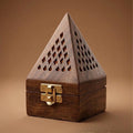 Handcrafted Wooden Incense Burner Box with Brass Holder | 13 cm Decorative Dhoop Cone Holder | Smoke Ventilation Design | Home Fragrance & Meditation Decor