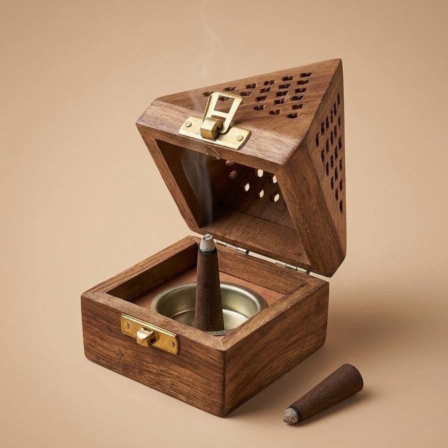 Handcrafted Wooden Incense Burner Box with Brass Holder | 13 cm Decorative Dhoop Cone Holder | Smoke Ventilation Design | Home Fragrance & Meditation Decor