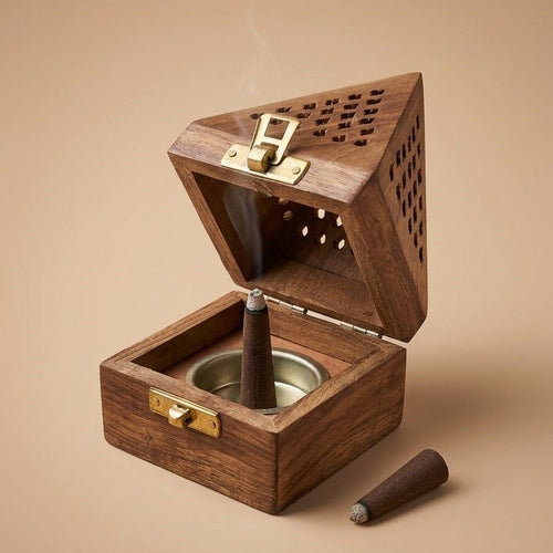 Handcrafted Wooden Incense Burner Box with Brass Holder | 13 cm Decorative Dhoop Cone Holder | Smoke Ventilation Design | Home Fragrance & Meditation Decor